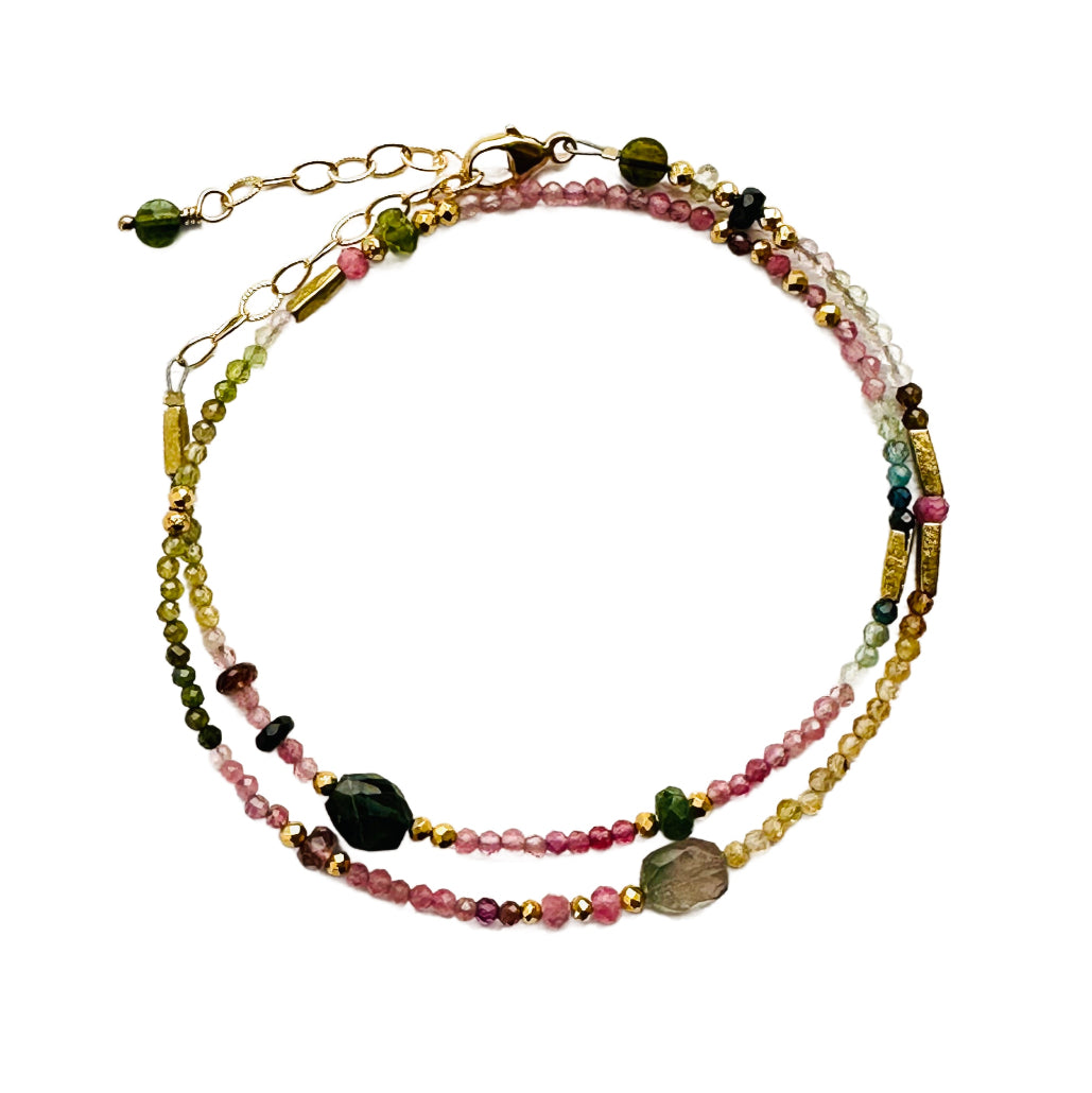 Multi Colored Tourmaline, Pyrite & Brass Double Strand Bracelet