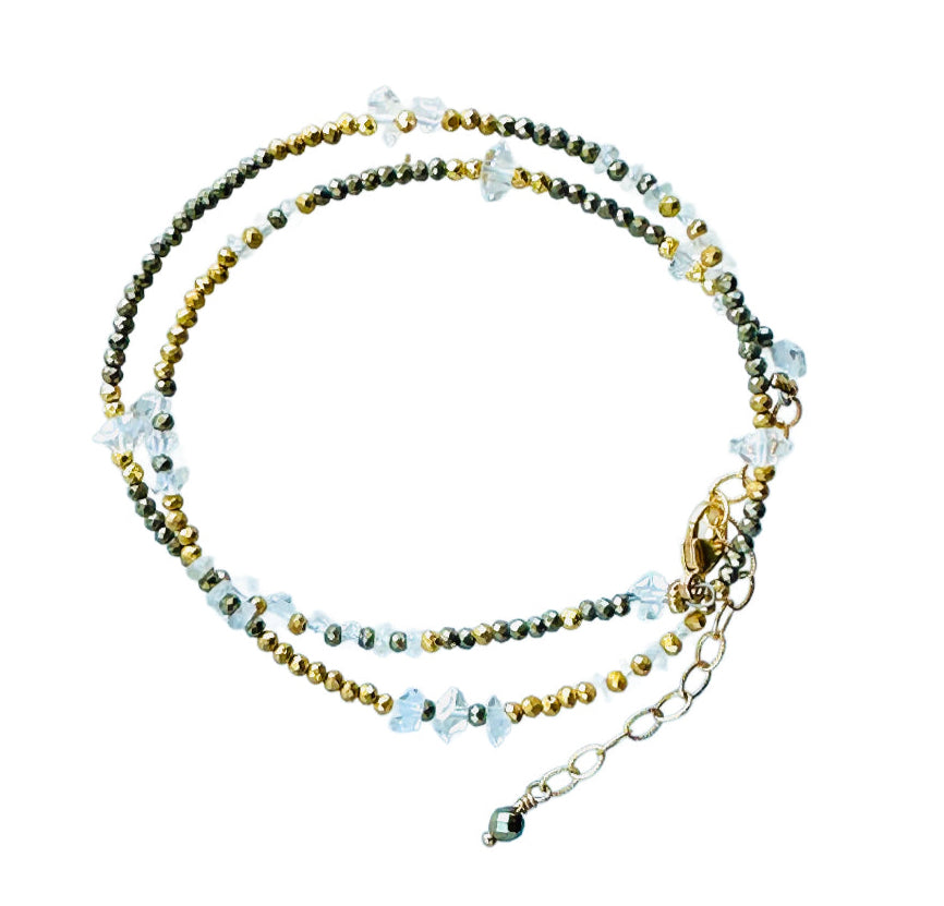 Pyrite, white sapphire &amp; Herkimer diamond beaded wrap double strand bracelet with gold fill lobster clasp, and gold-filled extender chain. It wraps around the wrist twice. 12.5" to 14.75" long with peridot adornment at the end of extender.