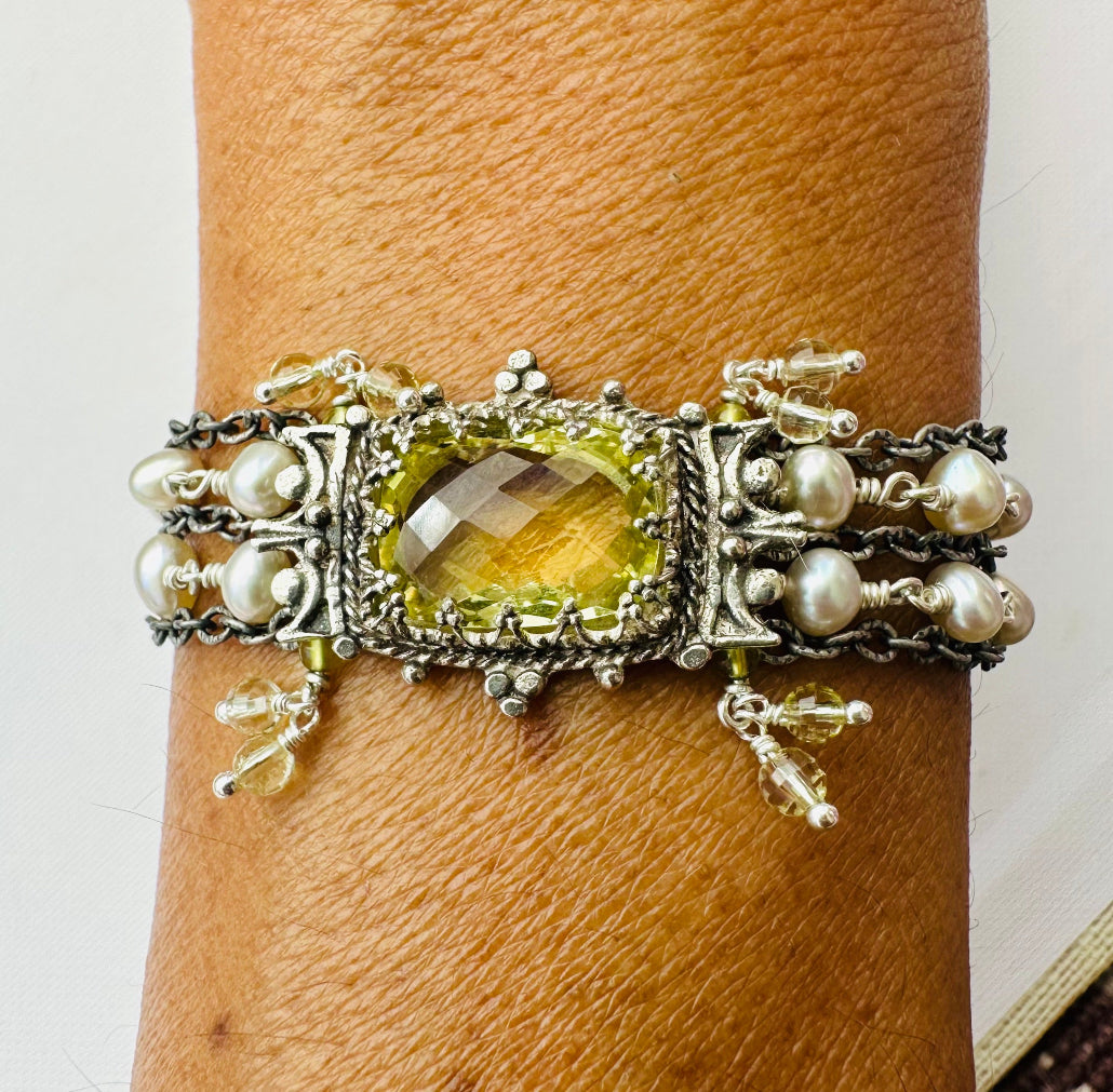 Lemon Citrine & Pearl Multi Strand Bracelet