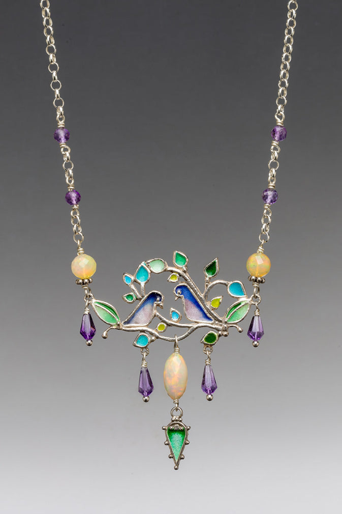 Ethiopian Opal & Amethyst Love Bird Enameled Necklace