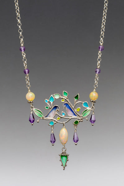Ethiopian Opal & Amethyst Love Bird Enameled Necklace