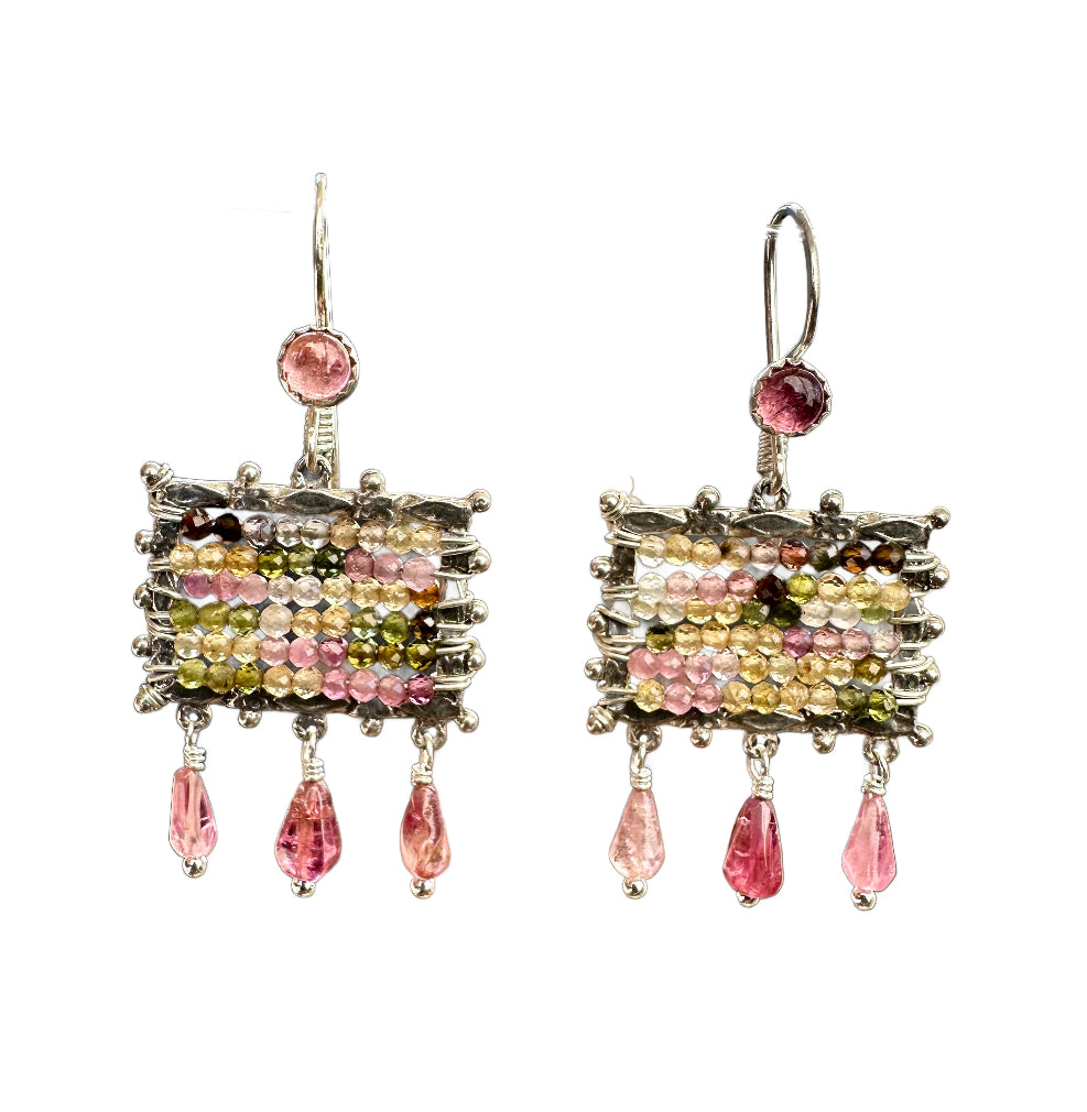 Small Tourmaline Mosaic Earrings - Pink

Patterned rectangular frame is filled with tiny micro-faceted multi-colored tourmalines. From the bottom of the rectangle hang three pink tourmaline drops. The ear wires have a 4mm pink tourmaline accent. &nbsp;These earrings were inspired by micro mosaics.&nbsp;
