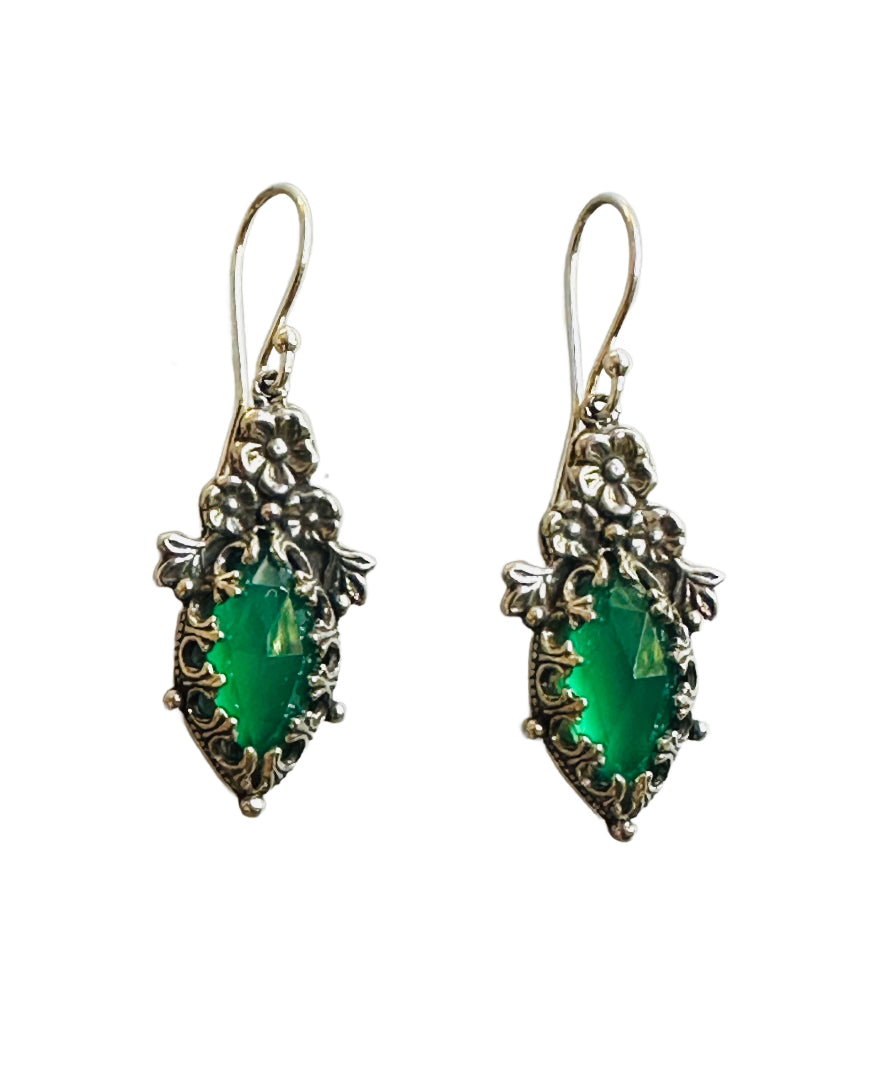 Green Onyx Marquise Fiori Silver Earrings