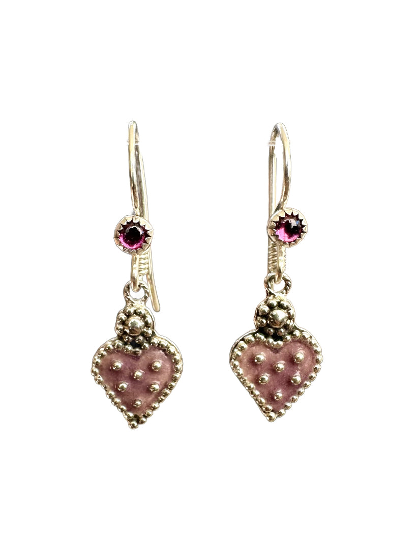 Garnet Mini Enameled Heart Earrings