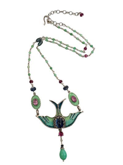 Kyanite, Ruby & Pink Sapphire Enameled Bird Necklace