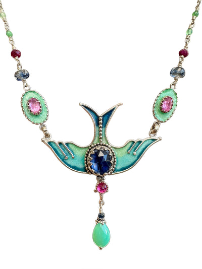 Kyanite, Ruby & Pink Sapphire Enameled Bird Necklace