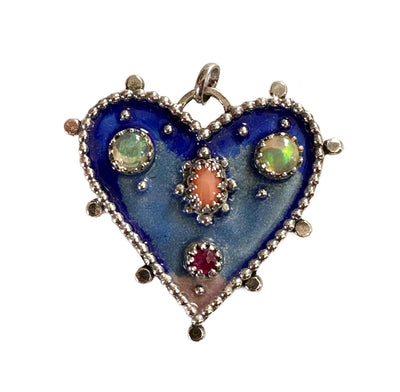 Opal, Coral & Ruby Enameled Milagro Heart Pendant