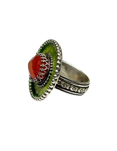 Green Enamel Sombrero Ring with Carnelian