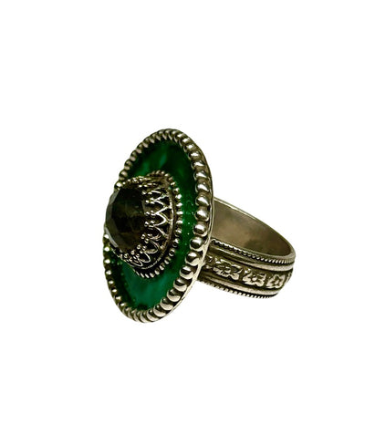 Green Enamel Sombrero Ring with Labradorite