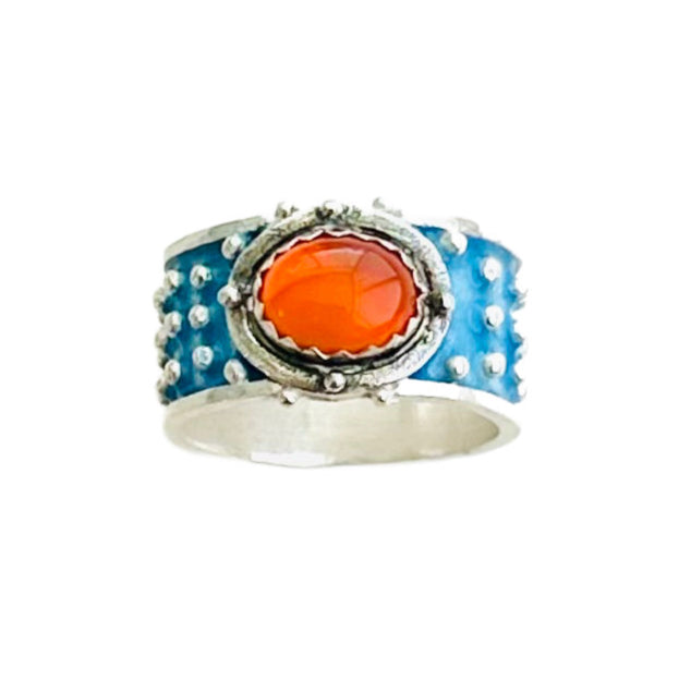 Mexican Fire Opal Enameled Wide Band Ring
