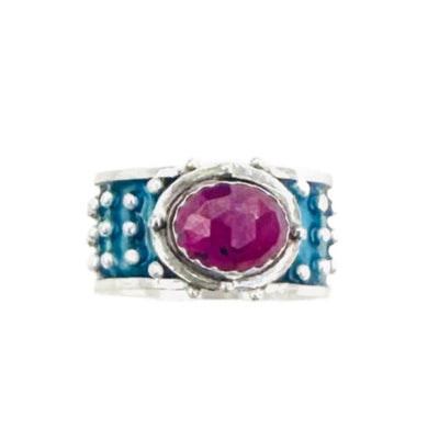 Pink Sapphire Enameled Wide Band Ring