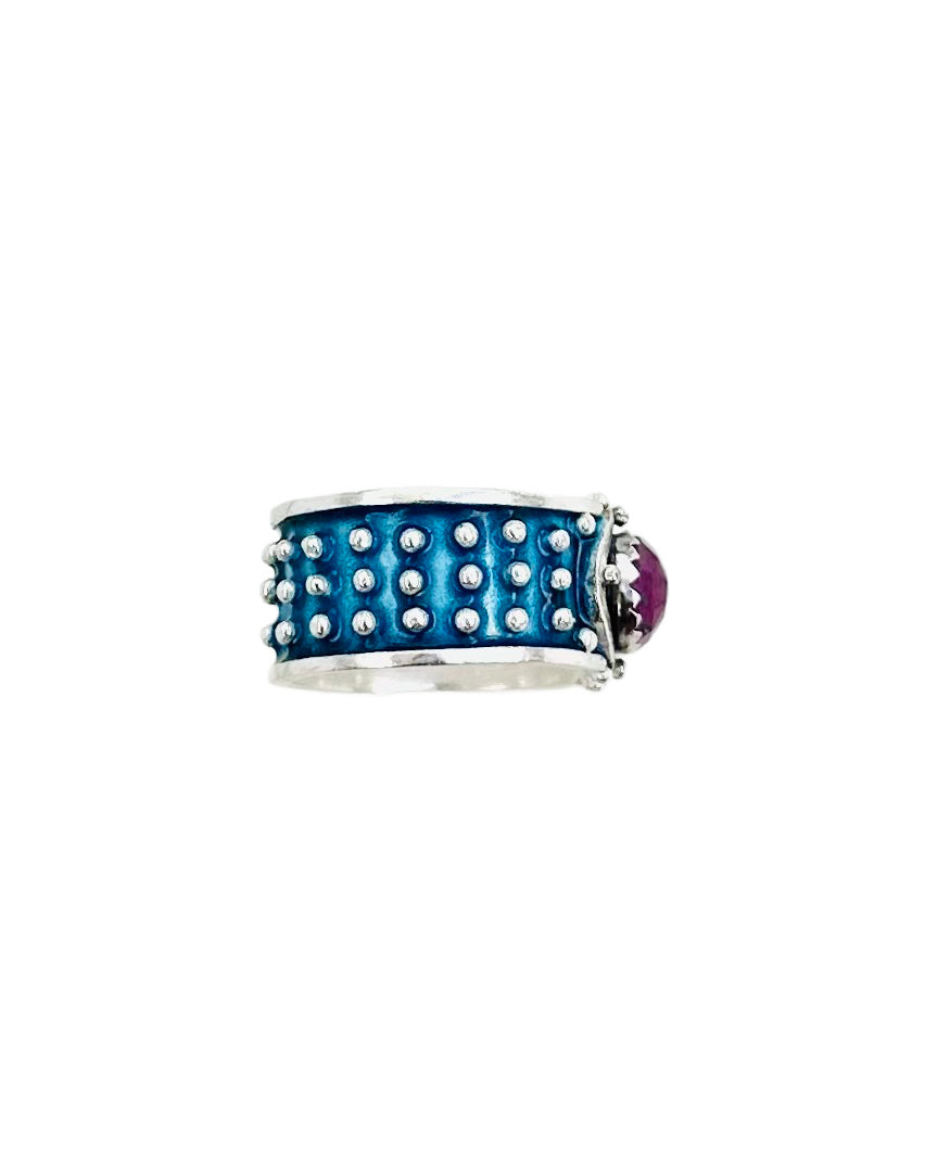 Pink Sapphire Enameled Wide Band Ring