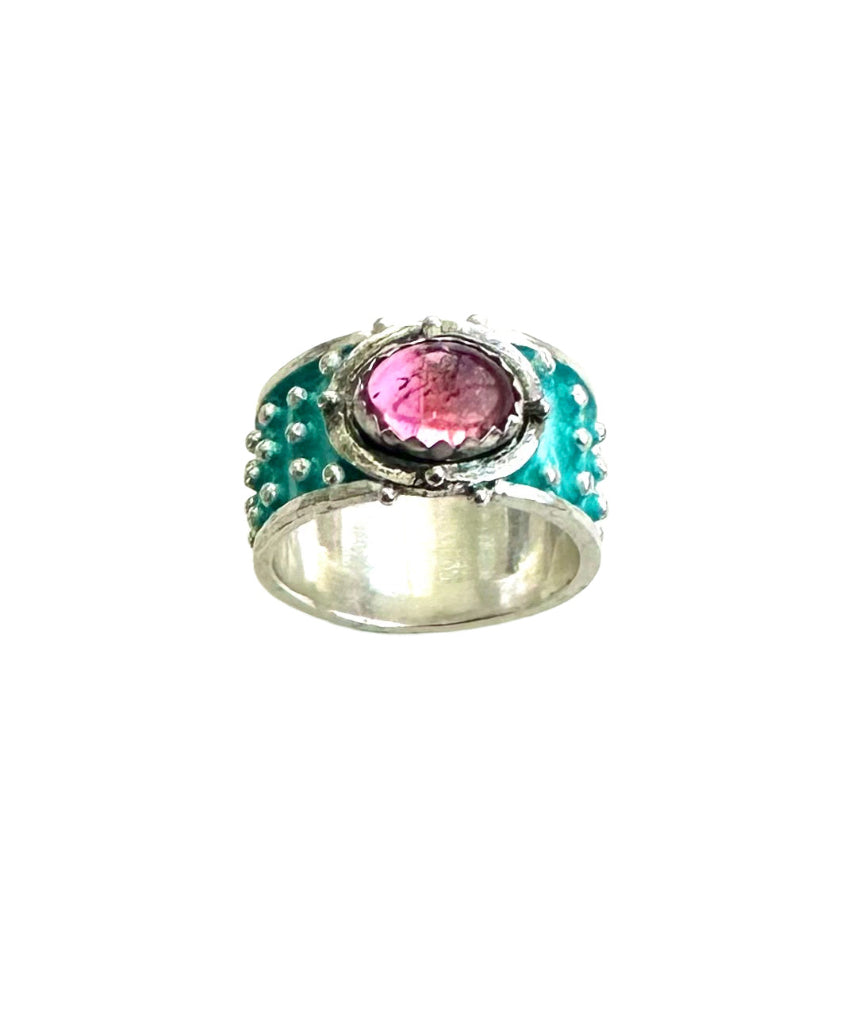 Pink Tourmaline Enameled Wide Band Ring