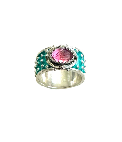 Pink Tourmaline Enameled Wide Band Ring