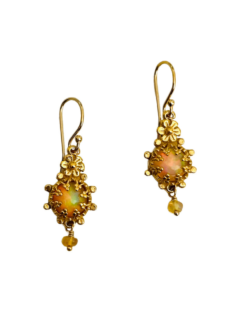 Small engraved flower with a 7mm cabochon Ethiopian Opal set in a lacy bezel surrounded by small dots. Earring has a small opal dangle. &nbsp;The opals have beautiful fire in them.