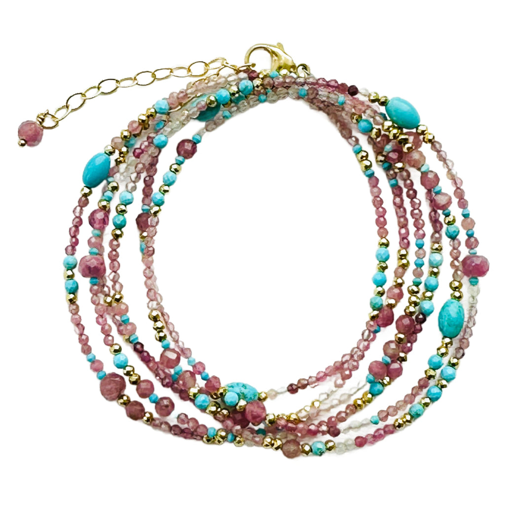 Pink Tourmaline, Turquoise & Pyrite Wrap Bracelet/Necklace