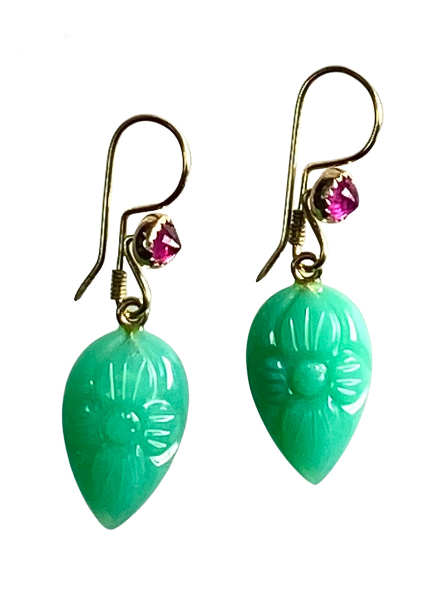 Carved Chrysoprase & Ruby Drop Gold Earrings