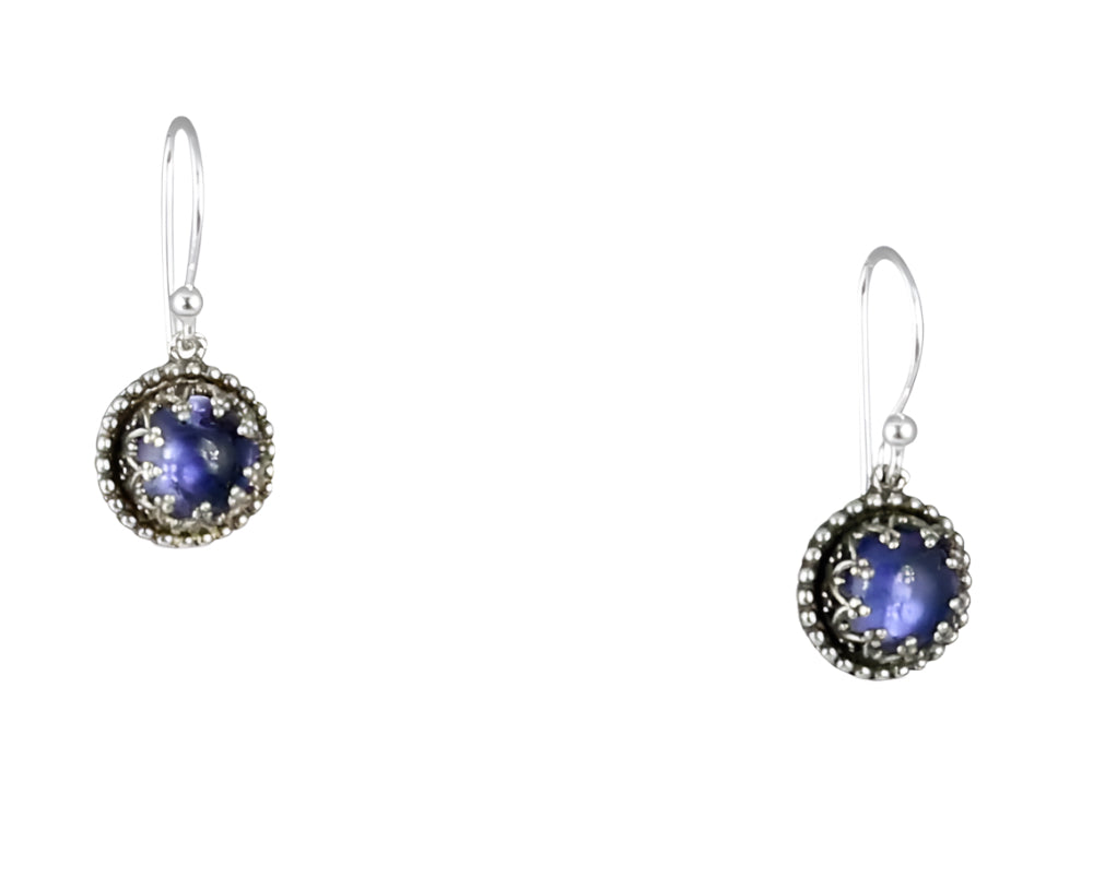 Iolite Small Filigree Earring  Beautiful cabochon 7mm iolite stone set in a delicate filigree bezel, surrounded by tiny dots. This is a classic design that can be worn daily.  Materials: Sterling silver & iolite