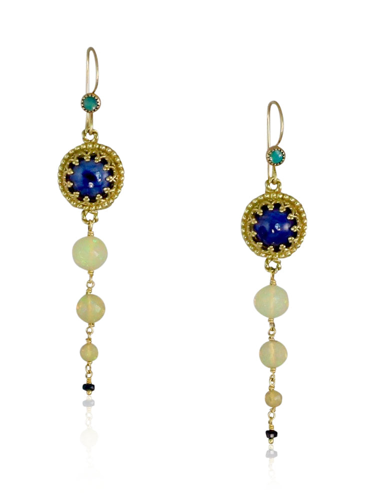 Blue Sapphire & Ethiopian Opal 18K Gold Earrings