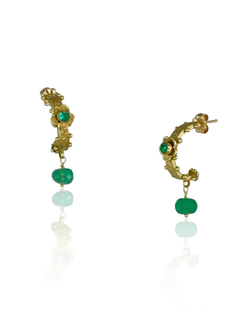 Emerald 18K Gold Floral Hoop Earrings