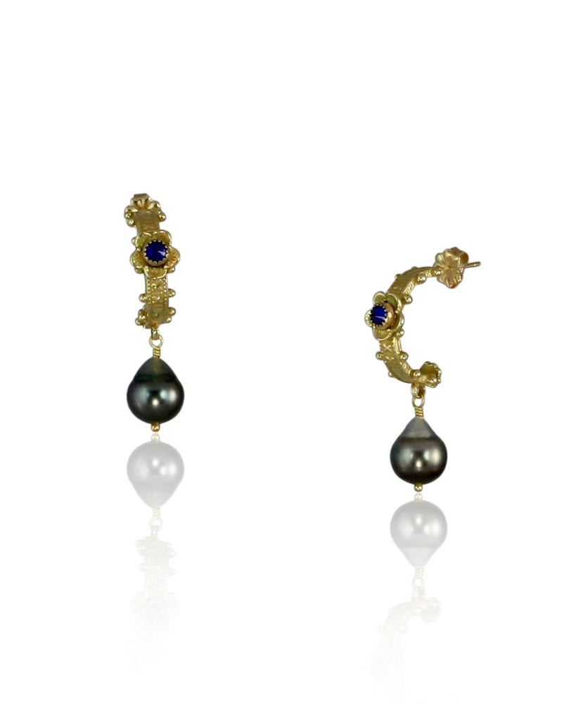Blue Sapphire & Tahitian Pearl 18K Gold Floral Hoop Earrings