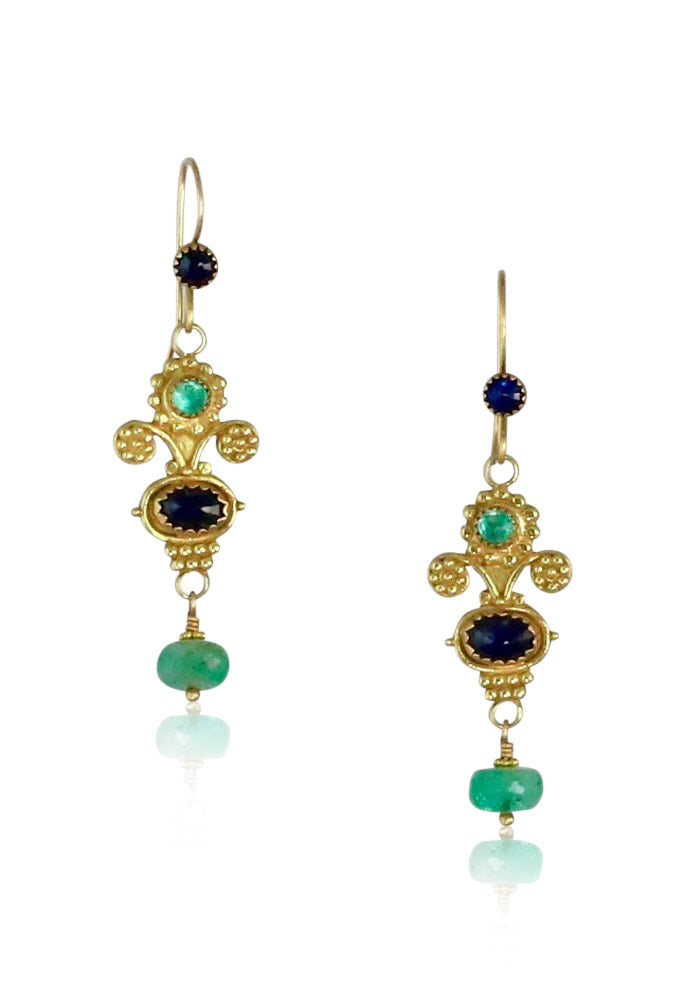 Blue Sapphire & Emerald Mini Bouquet 18K Gold Earrings