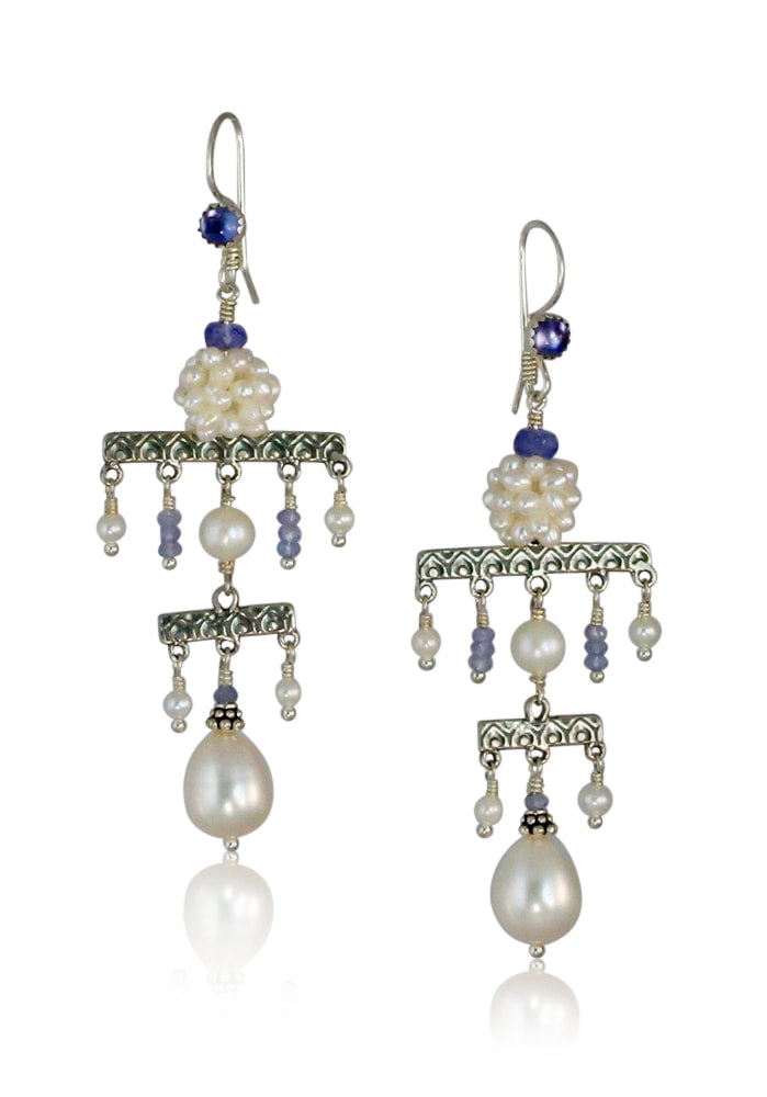 Tanzanite & White Pearl Chandelier Silver Earrings