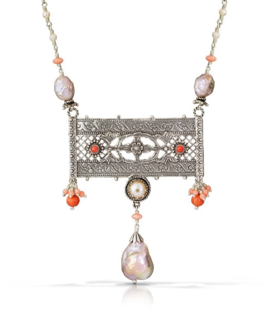 Baroque Pearl & Victorian Coral Statement Silver Necklace