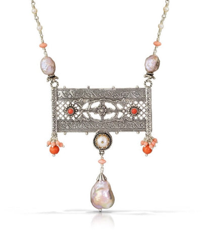 Baroque Pearl & Victorian Coral Statement Silver Necklace