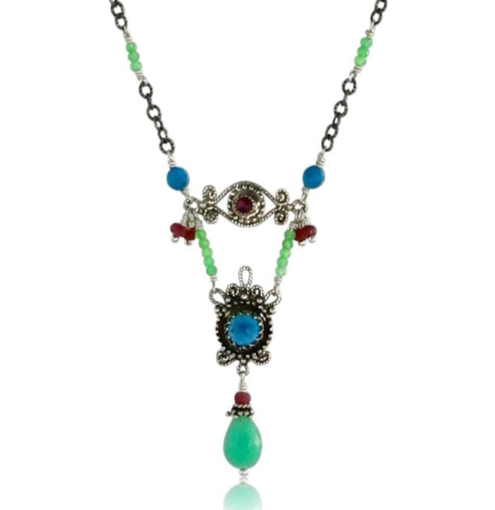Turquoise, Chrysoprase & Ruby Silver Necklace