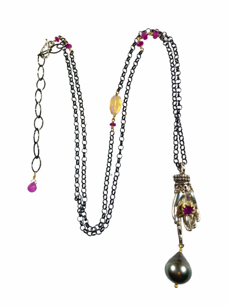Open Hand Charm Necklace - Pink Sapphire, Tahitian Pearl, Ethiopian Opal