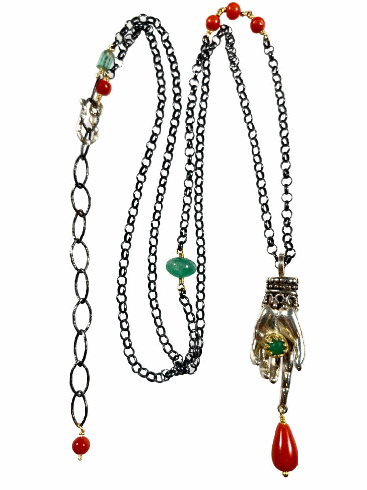 Open Hand Charm Necklace - Mediterranean Coral & Emerald