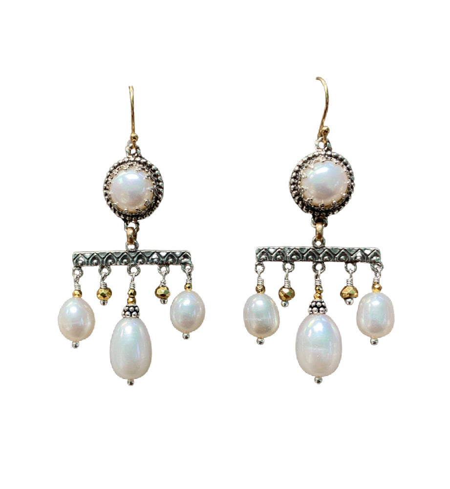 Three Drop Chandelier - White Pearl, Silver and Gold-Fill Earrings