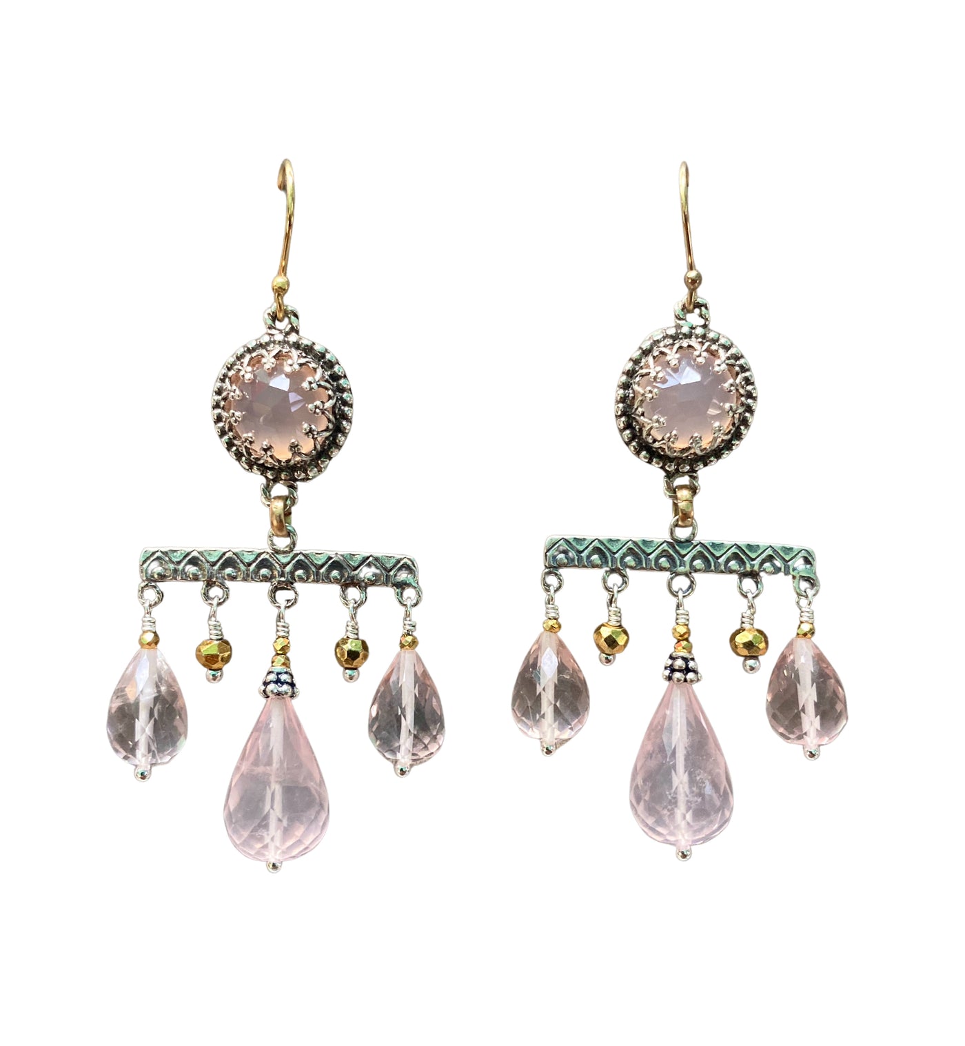 Three Drop Chandeliers - Rose Quartz, Pyrite, Silver & Goldfill Earrings
