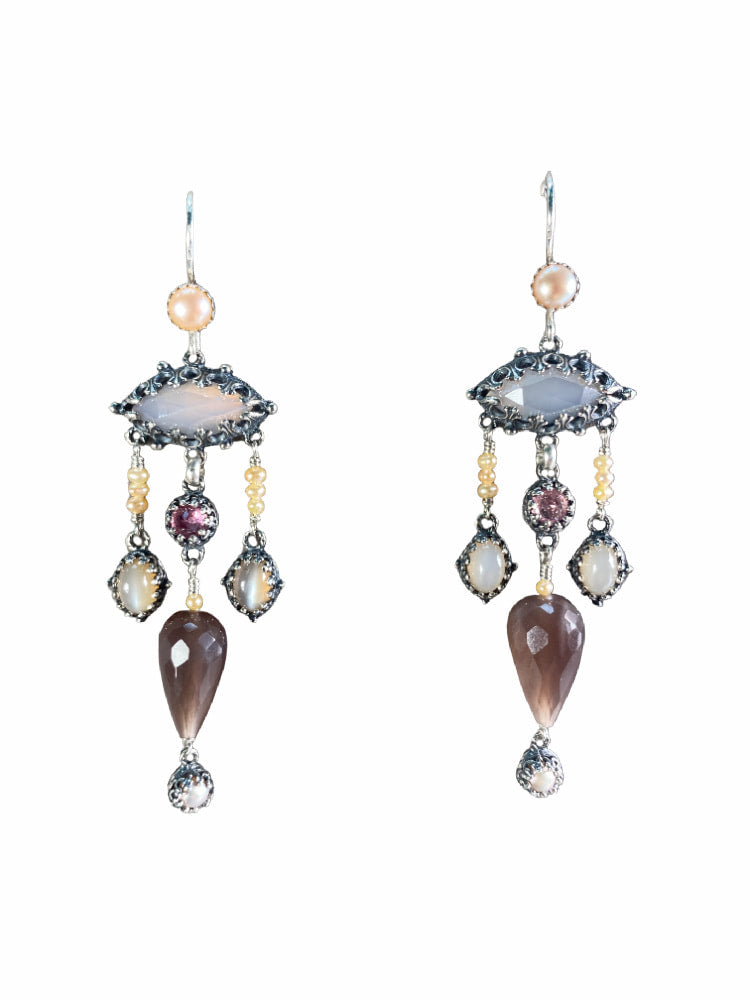 Marquise Pink Chalcedony, Chocolate Moonstone, Pink Tourmaline & Pearl Earrings
