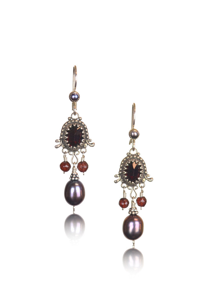 Garnet & Pearl Silver Earrings