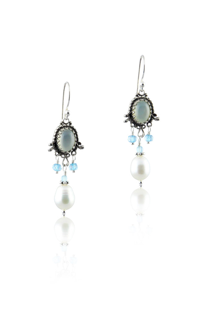 Aqua Chalcedony & Pearl Silver Earrings