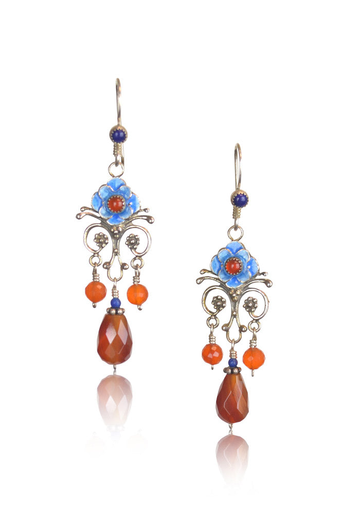 Carnelian & Lapis Lazuli Enameled Flower Earrings