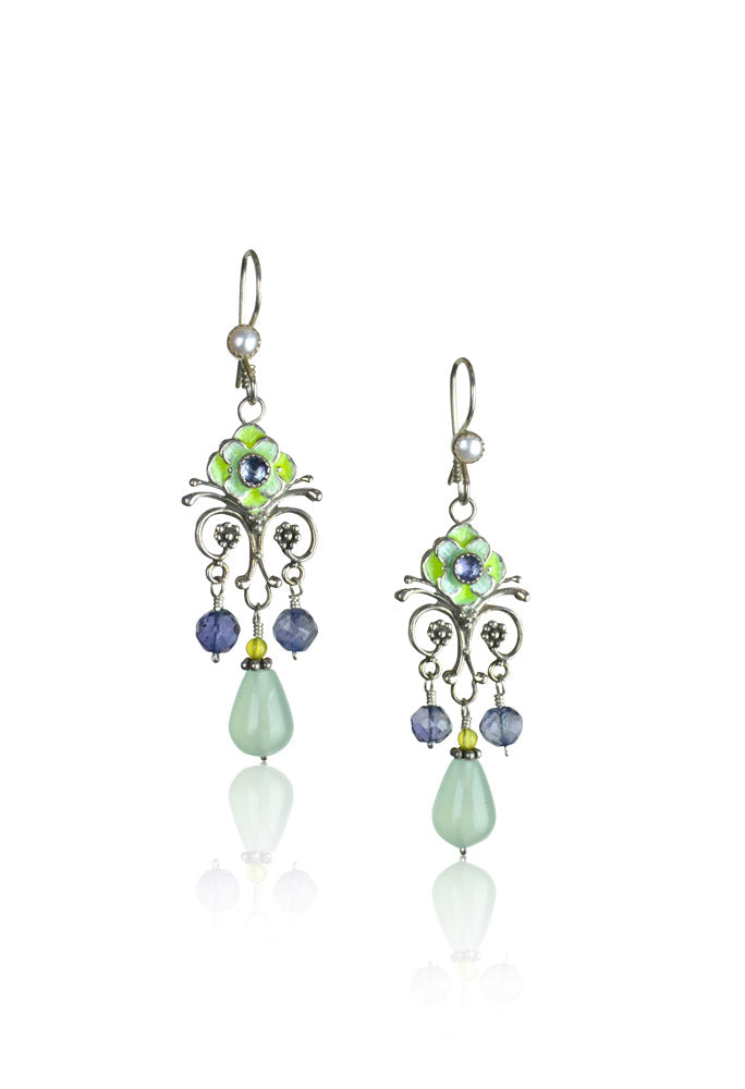 Aqua Quartz, Iolite & Olive Jade Enameled Flower Earrings