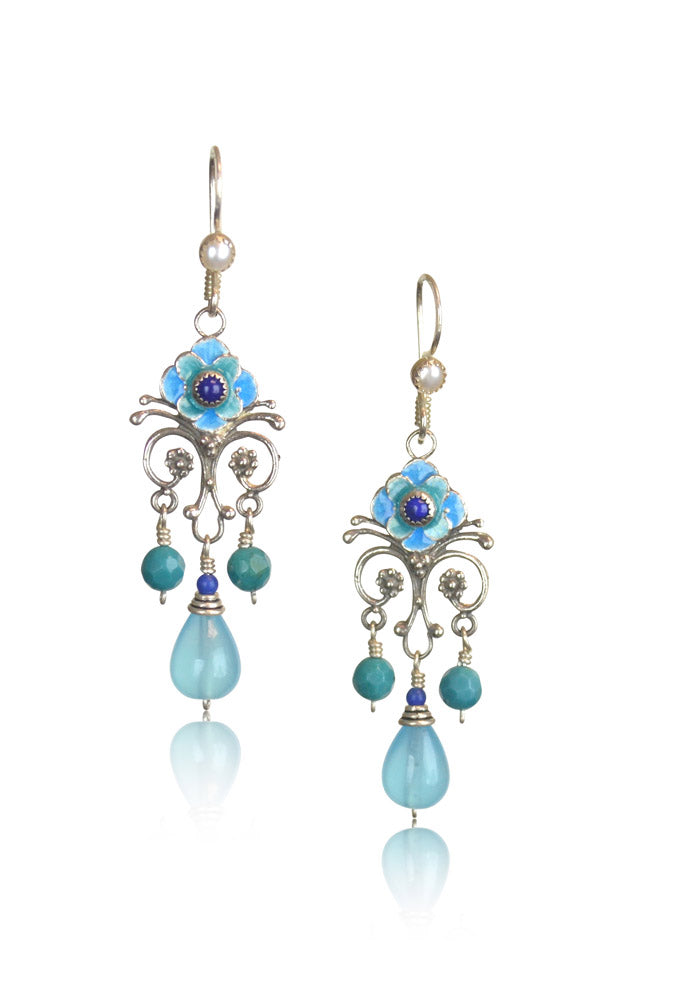 Turquoise, Lapis Lazuli & Blue Quartz Enameled Flower Earrings
