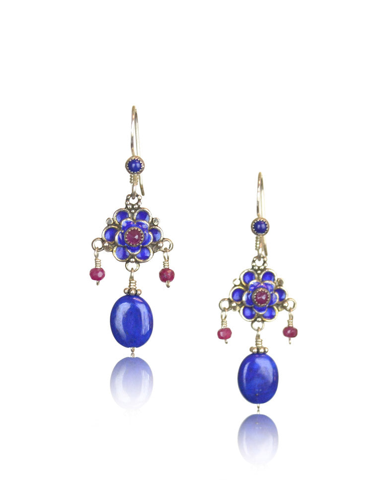 Ruby & Lapis Lazuli Enameled Flower Earrings