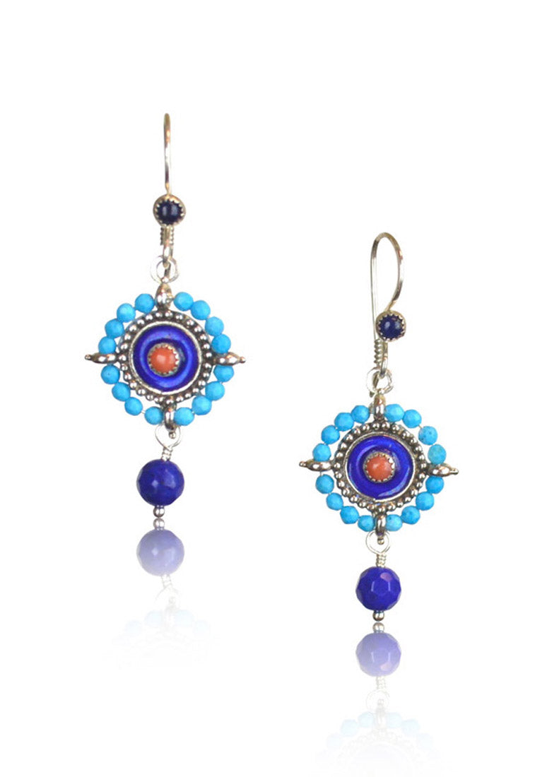 Turquoise, Coral & Lapis Lazuli Enameled Mandala Earrings
