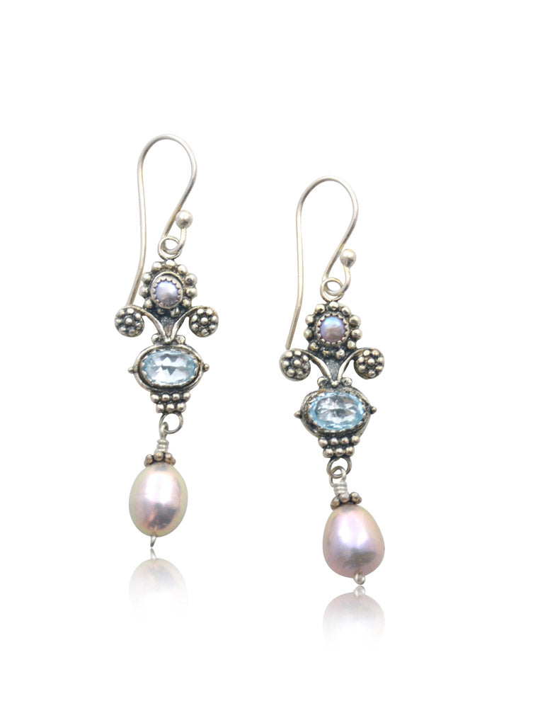 Aquamarine & Pearl Mini Bouquet Silver Earrings