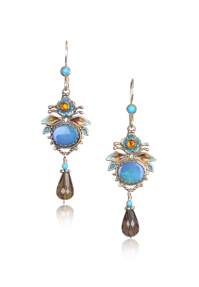 Opal, Smoky Quartz & Turquoise Enameled Flower and Leaf Earrings