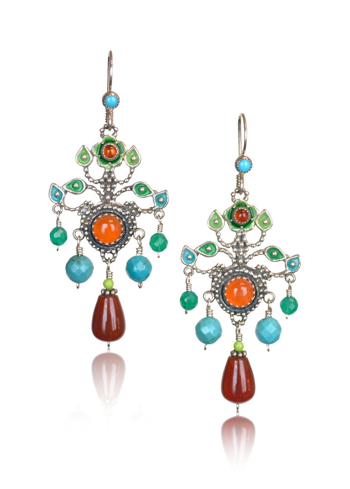 Carnelian & Turquoise Enameled Flower Chandelier Earrings
