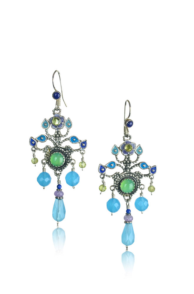 Chrysoprase, Blue Quartz, Lapis Lazuli & Peridot Enameled Flower Chandelier Earrings