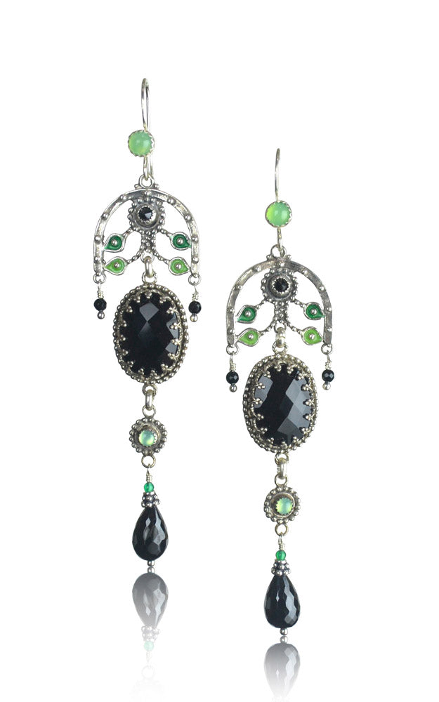 Black Onyx,    Chrysoprase & Green Onyx Enameled Leaf Chandelier Earrings