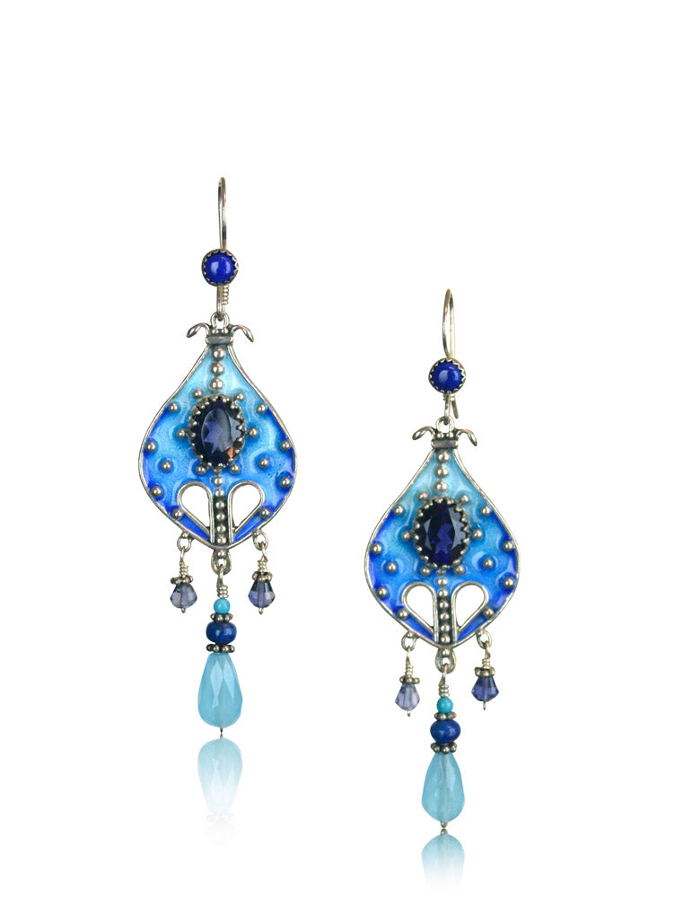 Iolite, Blue Quartz & Lapis Lazuli Enameled Chandelier Earrings