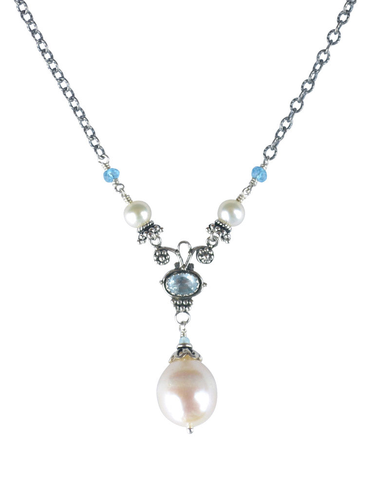 Aquamarine, Pearl Drop & Blue Topaz Silver Necklace