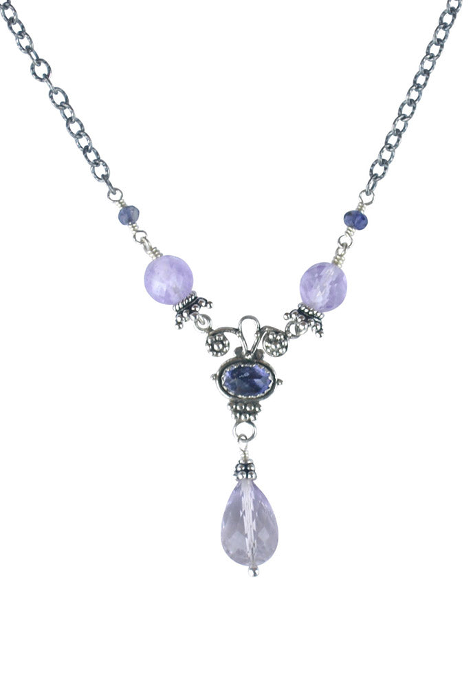 Pink Amethyst & Iolite Drop Silver Necklace